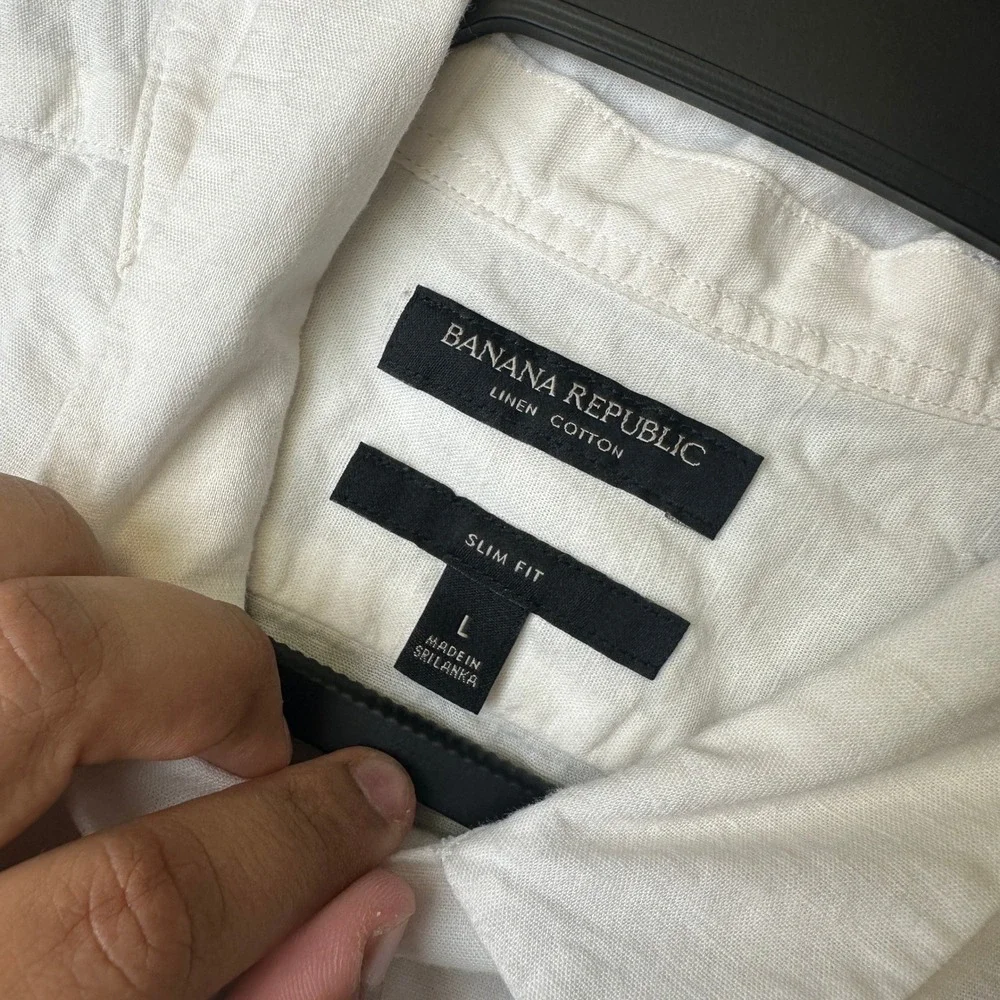 Banana Republic Shirt Mens Large White Linen Cotton Slim Fit Short Sleeve